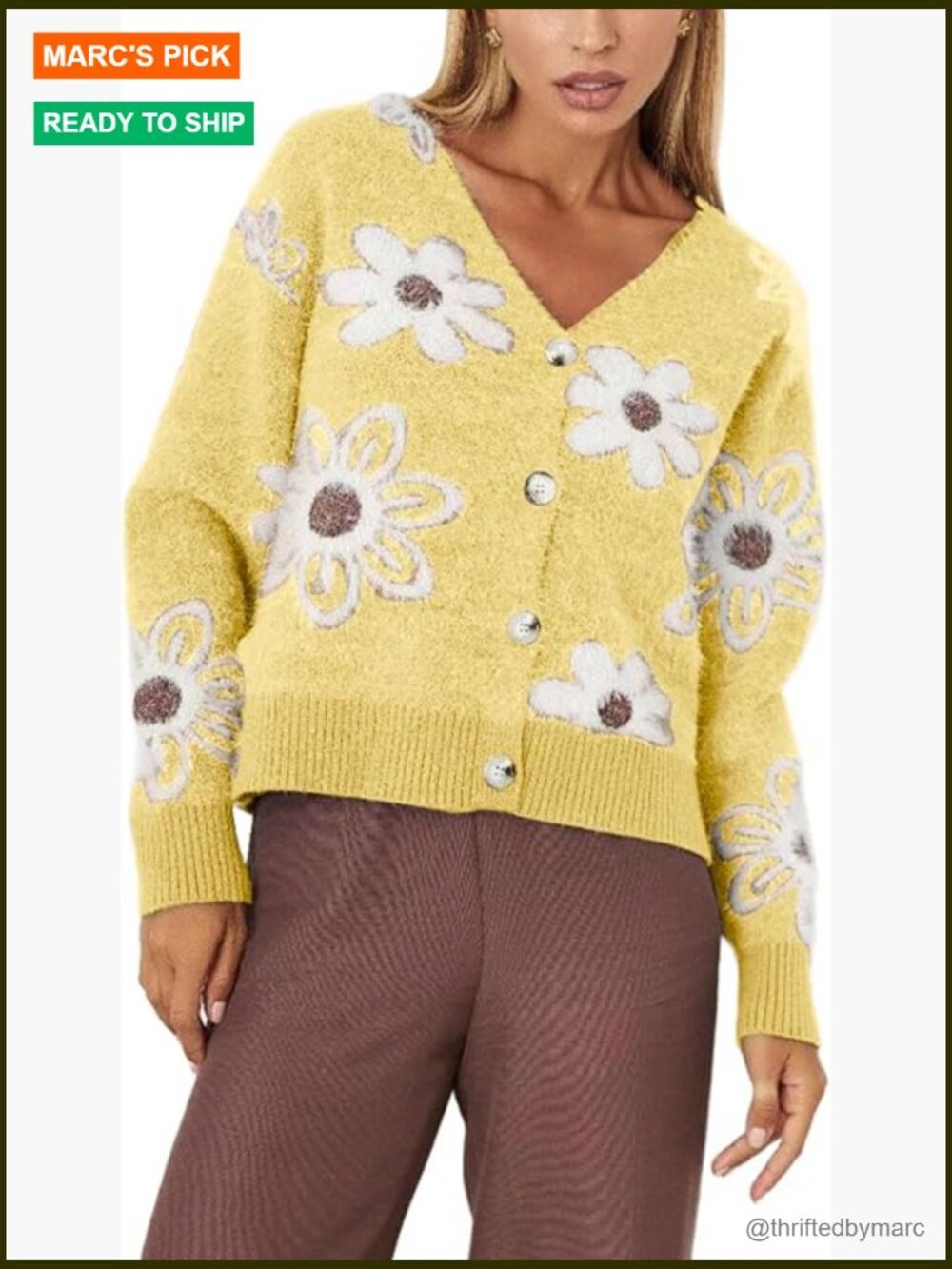 Furry Cropped V-Neck Cardigan Jacquard Knit Button Down Fall Winter